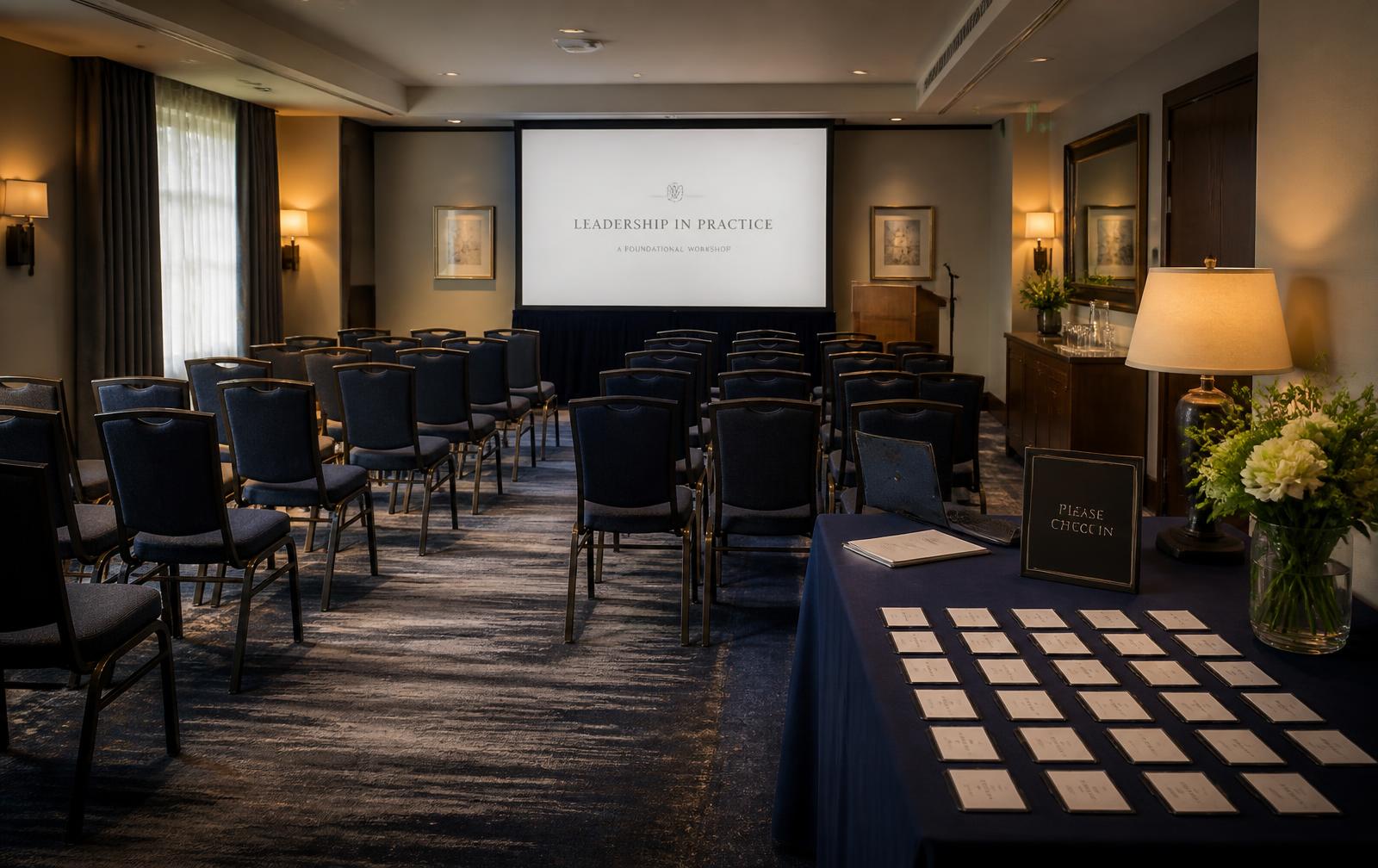 A small educational seminar room set up before attendees arrive